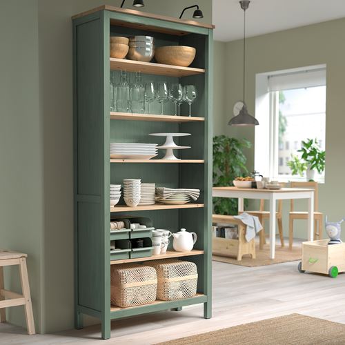 IKEA - HEMNES, kitaplık, gri-yeşil-açık kahverengi, 90x197 cm