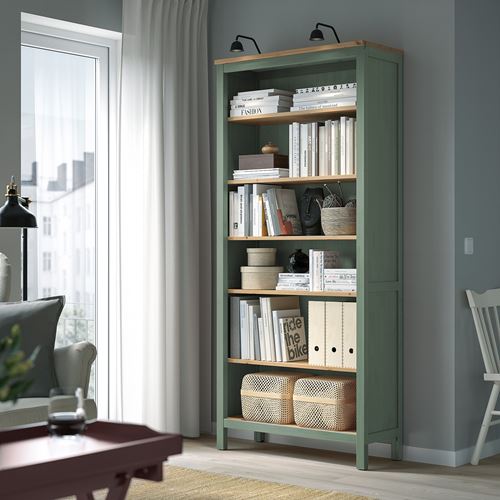 IKEA - HEMNES, kitaplık, gri-yeşil-açık kahverengi, 90x197 cm