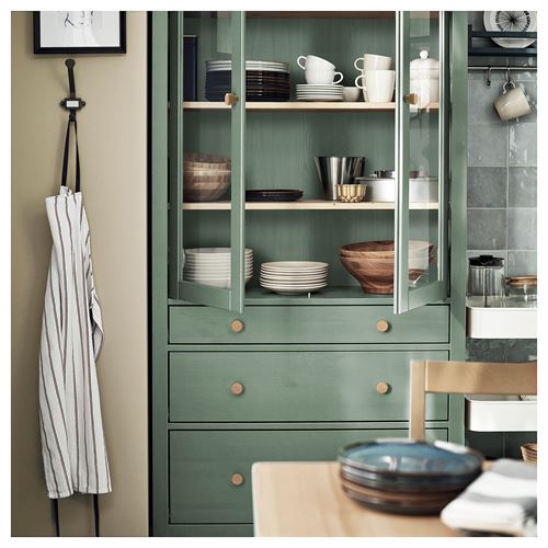 IKEA - HEMNES, glass-door cabinet, grey-green-light brown, 90x197 cm