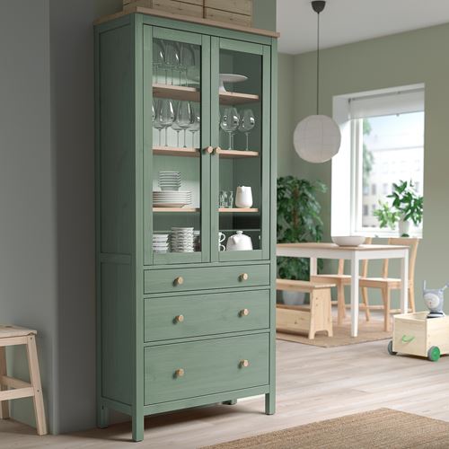 IKEA - HEMNES, glass-door cabinet, grey-green-light brown, 90x197 cm