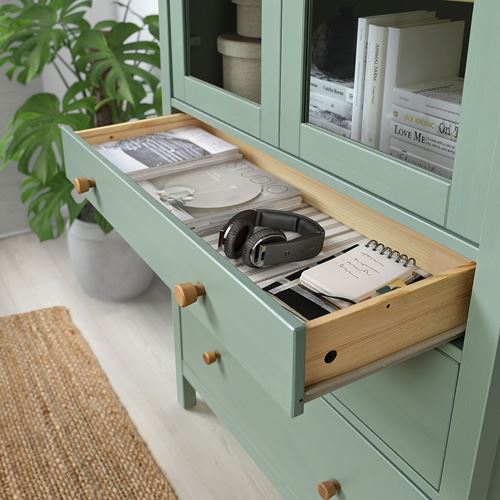 IKEA - HEMNES, glass-door cabinet, grey-green-light brown, 90x197 cm