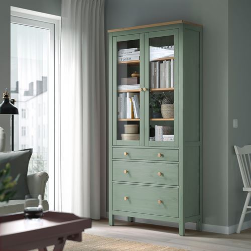 IKEA - HEMNES, glass-door cabinet, grey-green-light brown, 90x197 cm