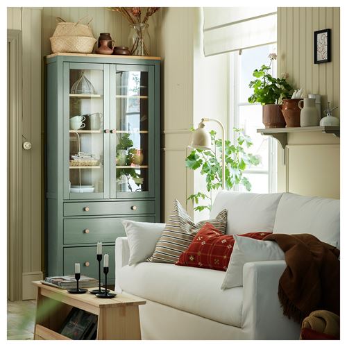 IKEA - HEMNES, glass-door cabinet, grey-green-light brown, 90x197 cm
