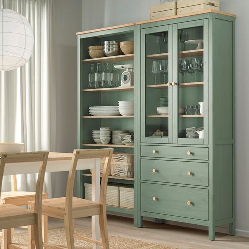 IKEA - HEMNES, vitrin, gri-yeşil-açık kahverengi boyalı, 180x197 cm