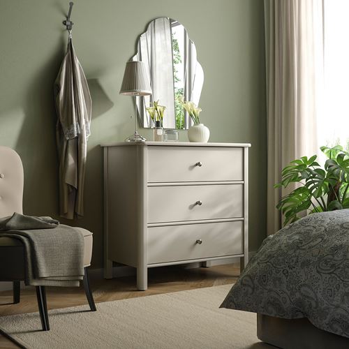 IKEA - STOREMOLLA, chest of 3 drawers, light grey-beige stained, 93x50x91 cm