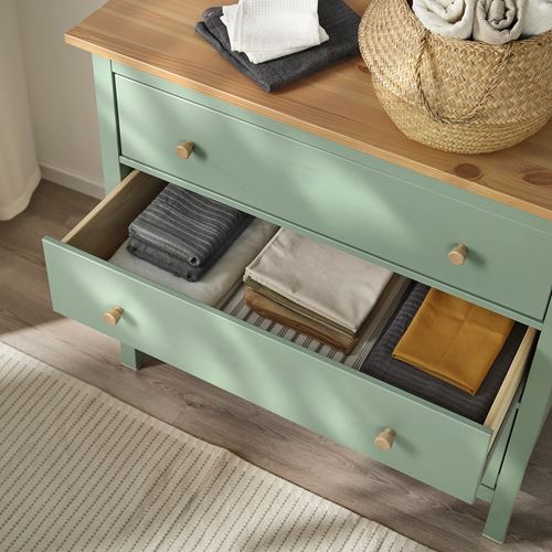 IKEA - HEMNES, chest of 3 drawers, grey-green-light brown, 108x96 cm