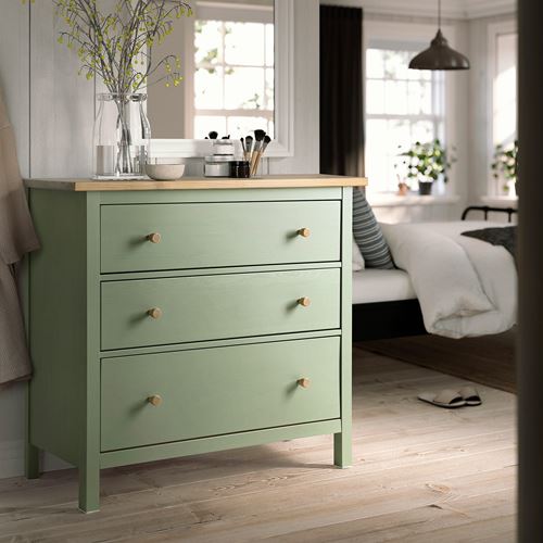 IKEA - HEMNES, chest of 3 drawers, grey-green-light brown, 108x96 cm