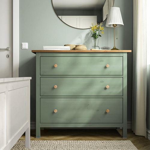 IKEA - HEMNES, chest of 3 drawers, grey-green-light brown, 108x96 cm