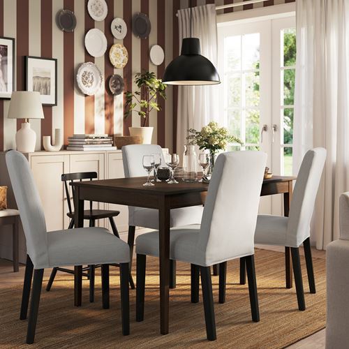 IKEA - NASINGE/BERGMUND, dining set, dark brown/stained beech veener-Orrsta light grey/black, 4 chairs