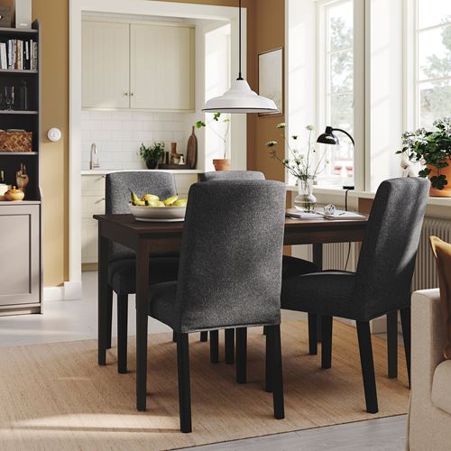 IKEA - NASINGE/BERGMUND, kitchen table set, dark brown/stained beech veener-Gunnared medium grey/black, 4 chairs