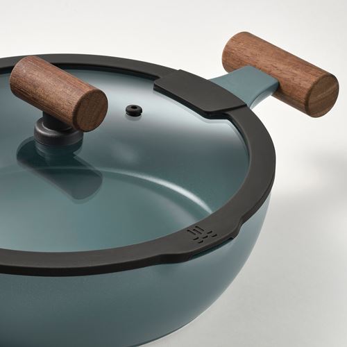 IKEA - KLIPPFISK, pot with lid, non-stick coating-wood-grey turquoise, 24 cm