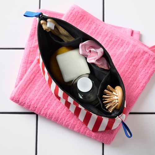 IKEA - SKOGSSALLAT, makyaj çantası, kırmızı-beyaz-çizgili