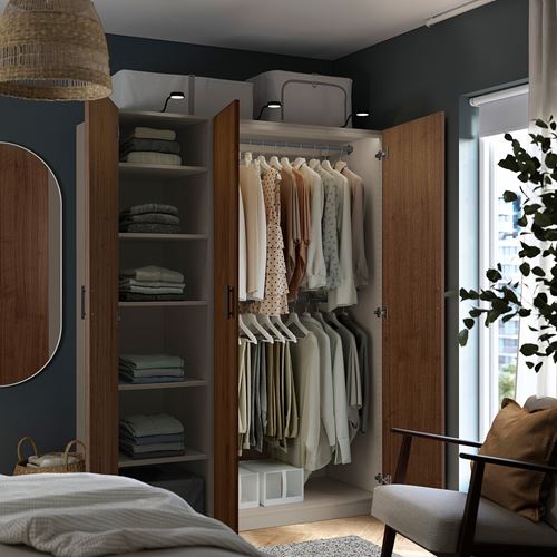 IKEA - PAX/BJÖRNESKOGEN, PAX wardrobe, grey-beige-walnut veneer-mirror, 150x58x201 cm