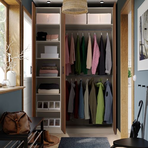 IKEA - PAX/BJÖRNESKOGEN, PAX gardırop, gri-bej-ceviz kaplama, 150x58x236 cm