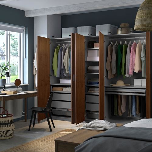 IKEA - PAX/BJÖRNESKOGEN, PAX wardrobe, dark grey-walnut veneer, 250x60x201 cm