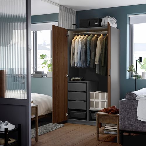 IKEA - PAX/BJÖRNESKOGEN, PAX wardrobe, dark grey-walnut veneer, 100x60x201 cm