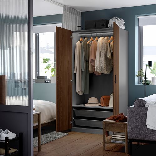 IKEA - PAX/BJÖRNESKOGEN, PAX wardrobe, dark grey-walnut veneer, 100x60x201 cm