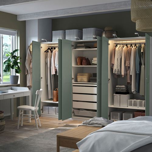 IKEA - PAX/GRIMO, PAX gardırop, beyaz-gri-yeşil, 300x60x201 cm