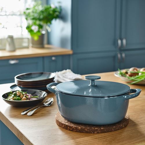 IKEA - VARDAGEN, casserole with lid, enamelled cast iron -light beige/dark grey/blue, 5 l
