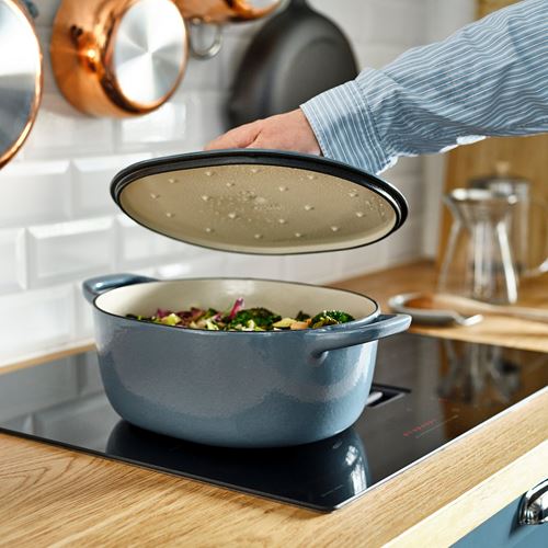 IKEA - VARDAGEN, casserole with lid, enamelled cast iron -light beige/dark grey/blue, 5 l