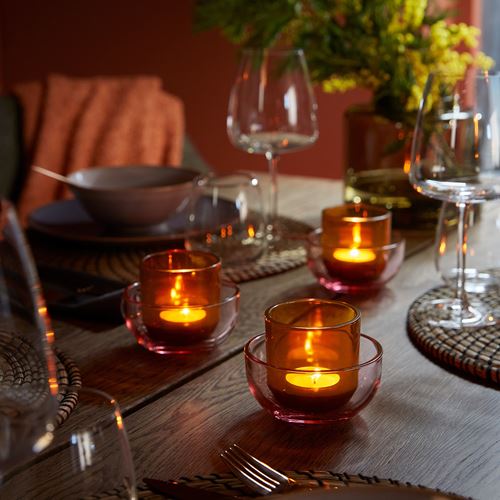 IKEA - TALLTITA, tealight mumluk, kahverengi-pembe