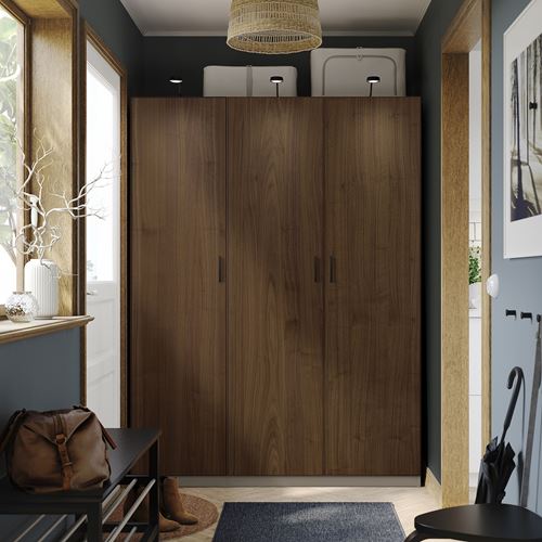 IKEA - PAX/BJÖRNESKOGEN, PAX wardrobe, grey-beige-walnut veneer-mirror, 150x58x201 cm