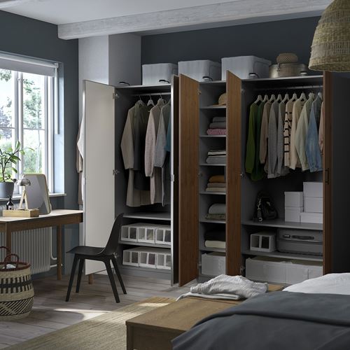 IKEA - PAX/BJÖRNESKOGEN/AHEIM, PAX wardrobe, dark grey-walnut veneer-mirror, 250x60x201 cm