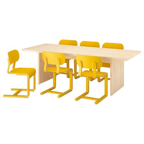 IKEA - BERGSHYTTAN/LYCKAN, yemek masası takımı, hafif boyalı efekt huş kaplama-sarı huş kaplama, 6 sandalyeli