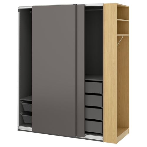 IKEA - PAX/HASVIK, PAX sürgü kapaklı gardırop, koyu gri-meşe görünümlü, 170x66x201 cm