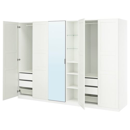 IKEA - PAX/KAMMARTORP/TYSSEDAL, PAX wardrobe, white-mirror glass, 285x60x201 cm