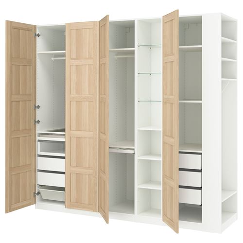 IKEA - PAX/BERGSBO, PAX wardrobe, white-white stained oak effect, 255x60x236 cm