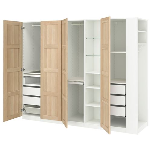 IKEA - PAX/BERGSBO, PAX wardrobe, white-white stained oak effect, 255x60x201 cm