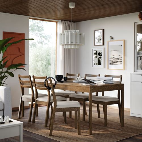 IKEA - TONSTAD, yemek masası takımı, kahverengi/meşe kaplama-Fridtuna açık bej, 6 sandalyeli