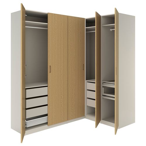 IKEA - PAX/TONSTAD, PAX corner wardrobe, grey-beige-oak veneer, 231/161x236 cm