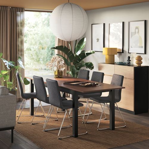 IKEA - ALHULT/LILLANAS, yemek masası takımı, siyah/kahverengi-Gunnared koyu gri/krom kaplama, 6 sandalyeli