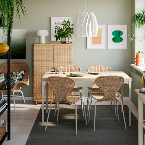 IKEA - SKALSTA, mutfak masası takımı, meşe görünümlü/açık gri/bej-rattan, 4 sandalyeli