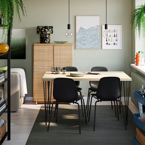 IKEA - SKALSTA, mutfak masası takımı, meşe görünümlü-siyah/gri, 4 sandalyeli