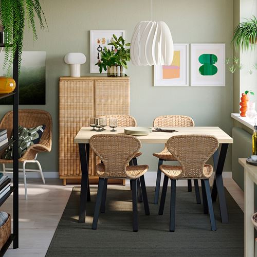 IKEA - SKALSTA, mutfak masası takımı, meşe görünümlü/siyah/gri-rattan, 4 sandalyeli