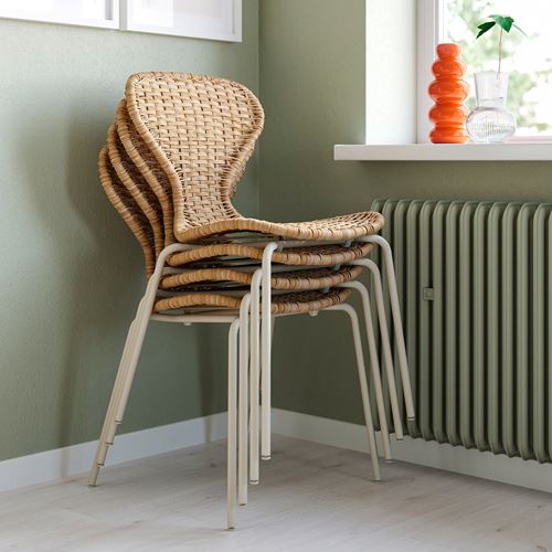 IKEA - SKALSTA, mutfak masası takımı, meşe görünümlü/açık gri/bej-rattan, 4 sandalyeli