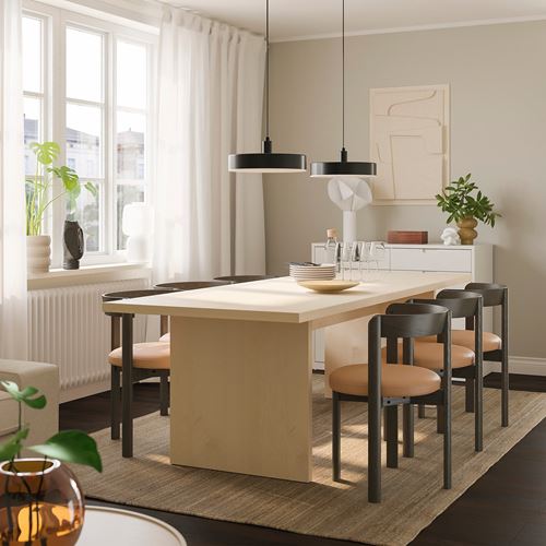 IKEA - BERGSHYTTAN/STOCKHOLM 2025, yemek masası takımı, hafif boyalı efekt huş kaplama-deri koyu kahve, 6 sandalyeli