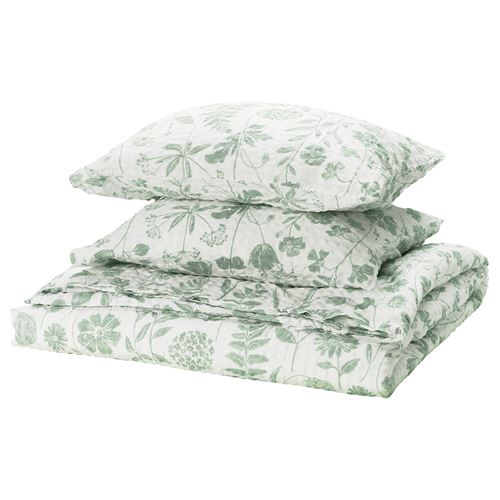 IKEA - NALBJÖRNBAR, double quilt cover and 2 pillowcases, white/grey/green, 240x220/50x60 cm