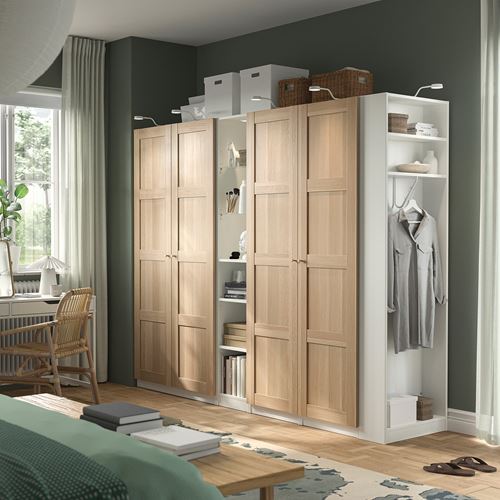 IKEA - PAX/BERGSBO, PAX wardrobe, white-white stained oak effect, 255x60x201 cm