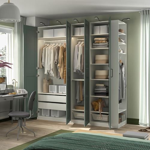 IKEA - PAX/GRIMO, PAX wardrobe, white/grey/green, 220x60x236 cm