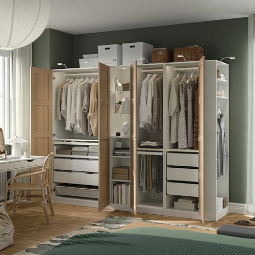 IKEA - PAX/BERGSBO, PAX wardrobe, white-white stained oak effect, 255x60x201 cm