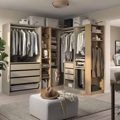 IKEA - PAX, PAX köşe gardırop, gri-bej-meşe görünümlü, 231/196x201 cm