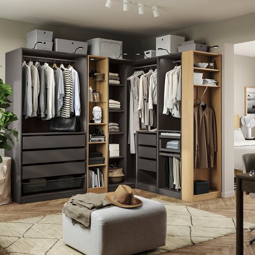 IKEA - PAX, PAX köşe gardırop, koyu gri-meşe görünümlü, 231/196x201 cm