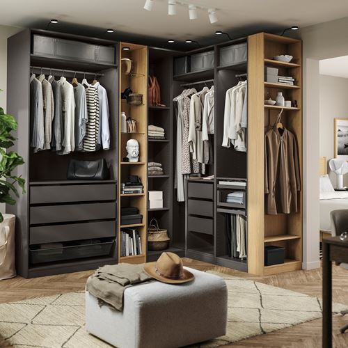 IKEA - PAX, PAX köşe gardırop, koyu gri-meşe görünümlü, 231/196x236 cm