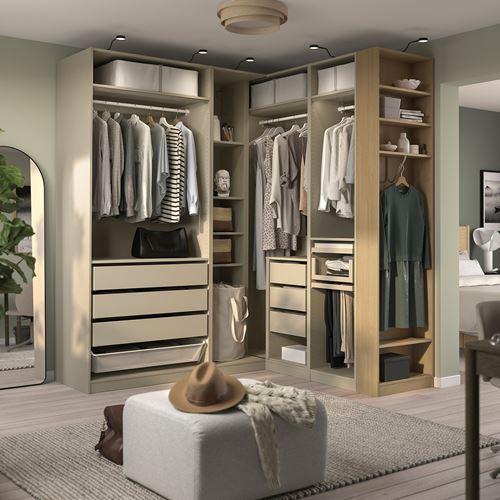 IKEA - PAX, PAX köşe gardırop, gri-bej-meşe kaplama, 231/161x236 cm