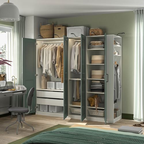 IKEA - PAX/GRIMO, PAX wardrobe, white/grey/green, 220x60x201 cm