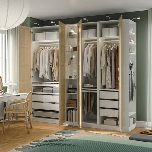 IKEA - PAX/BERGSBO, PAX wardrobe, white-white stained oak effect, 255x60x236 cm